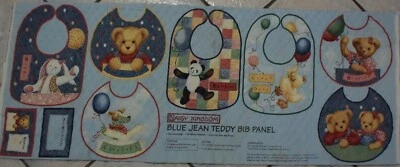 Daisy Kingdom Blue Jean Teddy Baby Bib Quilted Fabric Panel  Vintage - Image 1 of 4