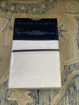 Hoja plana doble Ralph Lauren Palmer percal - blanca/azul marino - venta al por menor $115 Foto 1 de 4
