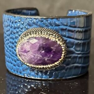 Genuine Leather Amethyst Cuff Bracelet Wide Purple Boho Gift NWT Aligator Skin