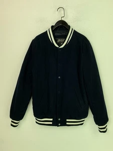 Burton Menswear Navy Varsity Bomber Jacket Snap Button Casual Retro Style UK  M - Picture 1 of 16