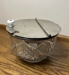 Vintage Glass Sugar Bowl With Hinged Flip Lid And Porcelain Knob - Picture 1 of 7