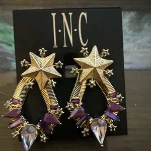 I.N.C. Earrings Pierce Amethyst And Gold Costume Jewelry Star Drops.  - Picture 1 of 5
