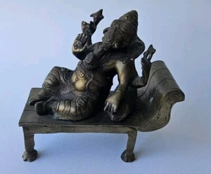 Vintage MCM Hindu God Ganesha Reclining on Sofa Brass Statue Sculpture - Picture 1 of 18