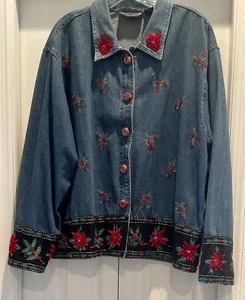 New Direction Women’s Denim Jacket Shacket Christmas Embroidery Sequins Sz L - Picture 1 of 12