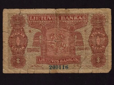 Lithuania:P-13a, 1 Litas, 1922 * Arms * VG * - Image 1 of 2