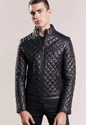 Mens Quilted black Sheepskin Real Leather Jacket Zipper Biker Slim Fit Jacket - Image 1 of 4