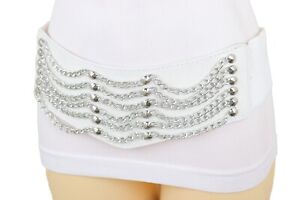 Women Wide White Corset Belt High Waist Hip Elastic Waistband Silver Chain S M