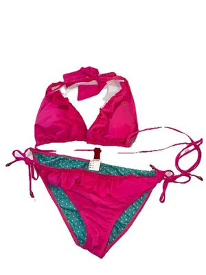 Y2K Guess 2 Piece Swimsuit Ruffle Triangle Bikini Top & Ruffle Bottom Hot Pink M - Image 1 of 4