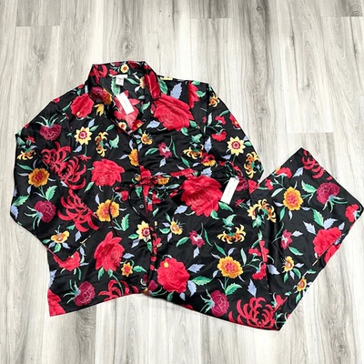 Natori Pajamas Womens XL 2 Pc Black/Red Floral Print Long Sleeve Satin Notch NWT - Image 1 of 4