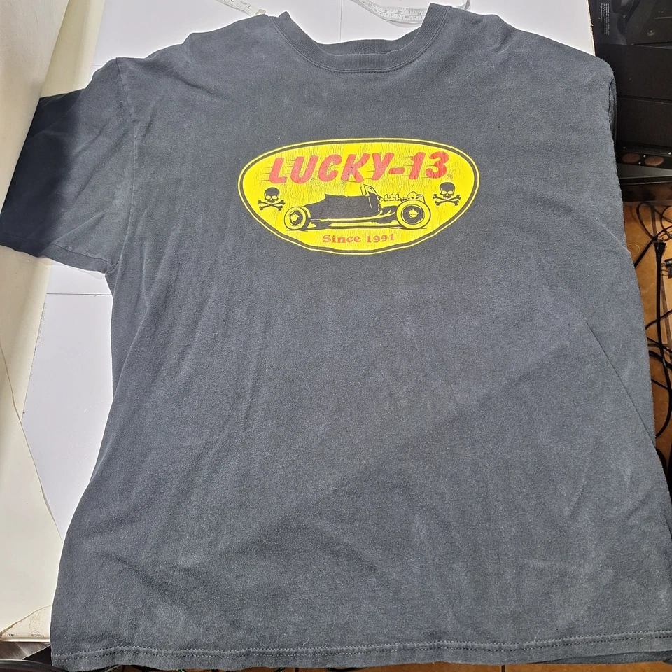 Lucky 13 服装 T 恤男式 XL 码黑色热杆摩托车扑克纹身 — 第 1/4 张图片