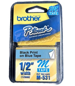 NEW Brother P-Touch M Tape 12 mm 1/2 inch BLACK Print on BLUE Tape M-531 Genuine - Picture 1 of 2