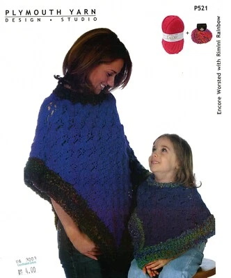Plymouth Crochet Pattern P521 Mother & Daughter Ponchos Girls 2-12 Women 3 sizes - Image 1 of 3