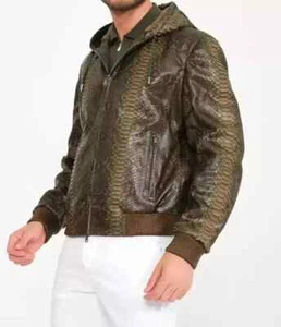 NEW Men's Rich Dark Green Python Embossed Leather Jacket - Picture 1 of 6