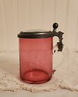 Antique Cranberry Glass Pewter Ball Handle Lidded  Tankerd Beer Stein 1800s