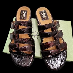Clarks Artisan Sandals 6.5M Tiffani Nila Brown Patent Croc Leather Hook Loop New - Picture 1 of 22