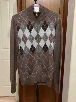 EXPRESS Mens (S) Brown Argyle 100% Merino Wool Zip-Up Cardigan Sweater - Image 1 of 3
