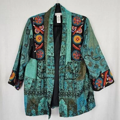 Cárdigan suave envolvente mezcla seda top turquesa bordado para mujer mediano Foto 1 de 4