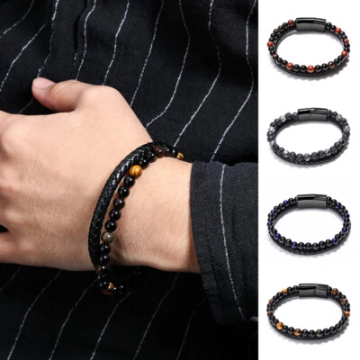 Naturstein-Hämatit-Armband Schwarze Perlen Perlenleder Magnetverschluss / - Bild 1 von 4