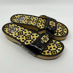 Tory Burch Slide Sandals Women 8.5 Dark Brown Patent Leather Wood Heels Logo - Picture 1 of 15
