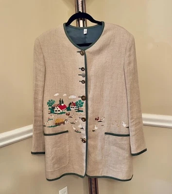 复古德国女式刺绣谷仓和动物米色带绿色夹克 40 10 M — 第 1/4 张图片