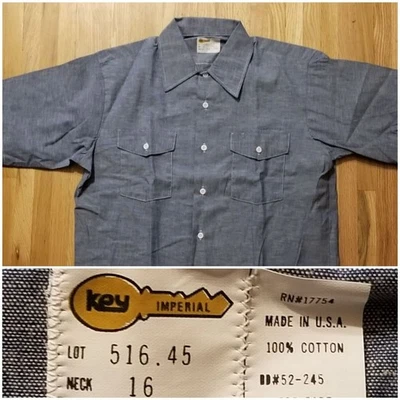 NOS Key Sz 16 Neck (33.5) L Blue Chambray Mens SS Work Shirt 516.45 Cotton USA - Image 1 of 4