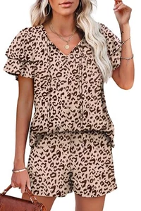 Two Piece Outfits for Women Short Sleeve Loose Fitted Shorts Sets Dreesy Leop... - Picture 1 of 5