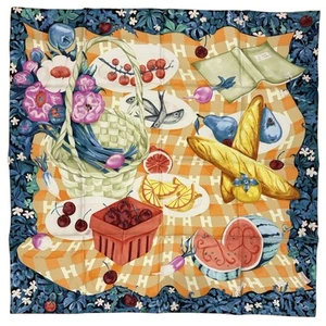 HERMES Schal Carre 90 cm UN CARRE L'HERBE 100% Seide blau rosa orange mit Karton R4348 - Bild 1 von 4