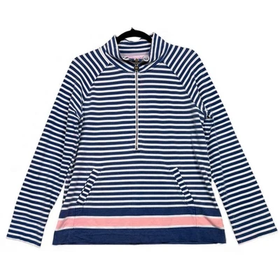 Sudadera Lilly Pulitzer Skipper Popover L Azul Marino Rosa Rayas 1/4 Cremallera Pullover Foto 1 de 4
