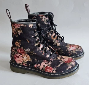 Dr. Doc Martens Victorian Black Floral Rose Canvas Combat Boots Women's 7 Grunge - Picture 1 of 8