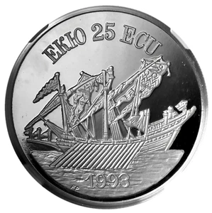 BULGARIA 25 Ecu 1993 Silver 1oz NGC PF65UC 'Ancient Galley' - Picture 1 of 3