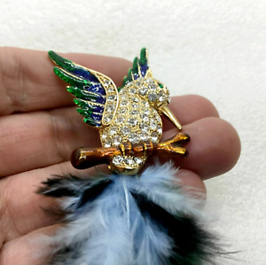 Vintage grande plume arrière strass cristal pavé oiseau broche émail broche