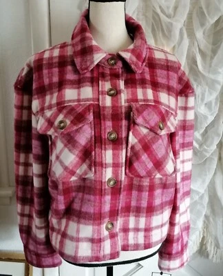 NUEVA Chaqueta Mujer Roja Blanca A Cuadros Súper Suave Acogedora Bolsillos en el Pecho Talla L Foto 1 de 3