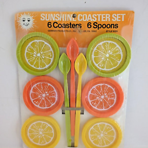 12 Pc Modern Plastic Coasters, Ice Tea Spoons, Sunshine Coaster Set Gessner USA