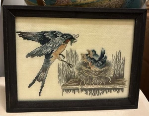 Mother Bird & Chicks Finished Cross Stitch Completed & Framed Handmade Wall Art - Picture 1 of 4