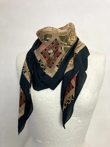 Vintage Neck Scarf Head Scarf Black Baroque Tartan Dog Print Square Shape - Picture 1 of 5