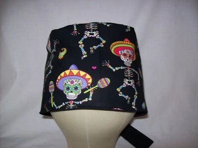 Men/Women Surgical Scrub Cap Lined Sugar Skulls Mariachi Day of the Dead Cotton - Image 1 of 4