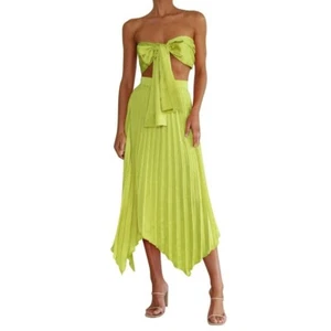 NEW NOWT Women's Lime Green 2 Piece Outfit Set Pleated Skirt And Halter Wrap Top - Picture 1 of 11