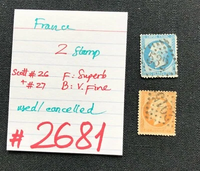 FRANCE Stamps, 2 USED/ CANCELLED Stamps, Scott #26 + #27, SCV 2009=$8.75, #2681 - Image 1 of 2