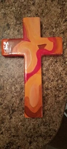Hand Painted Cross Beautiful Colors Signed Home Decor Spiritual Orange Reds - Picture 1 of 3
