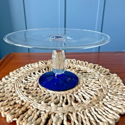 Murano-Style Handblown Glass Cake Stand with Cobalt Blue Base - Image 1 of 4