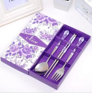 Hot 3Pcs/set Stainless Steel Tableware Set Fork+Spoon+Chopsticks Rice - Picture 1 of 14