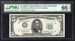 FR. 1962-D 1950-A $5 FRN FEDERAL RESERVE NOTE CLEVLAND, OH PMG GEM UNC-66EPQ - Picture 1 of 2