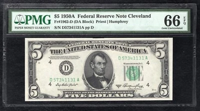 FR. 1962-D 1950-A $5 FRN FEDERAL RESERVE NOTE CLEVLAND, OH PMG GEM UNC-66EPQ - Image 1 of 2