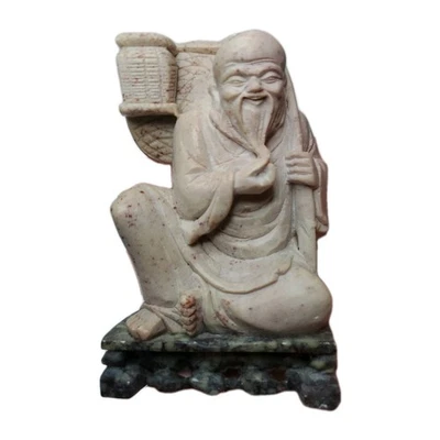 Estatuilla de pescador tallada base negra piedra jabonera china rosa-beige de colección 4" Foto 1 de 4
