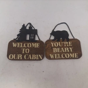 Rustic Wall Hanging Welcome Signs Cabin Bear Silhouette Wood Metal Set Of 2 - Picture 1 of 8