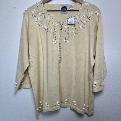 NUEVO Suéter Cárdigan Tejido Storybook Mujer Concha Marina 1X Amarillo Cremallera Completa Playa Foto 1 de 4