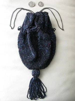 Antique Crochet Blue Iridescent Bead STERLING SILVER LOOPS HANDLE Flapper Purse - Image 1 of 4