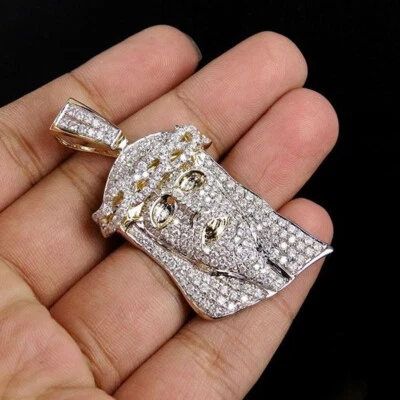 0.60 ctw Simulated Diamond 14K Yellow Gold Plated Jesus Face Men's Pendant 2.2" - Изображение 1 из 4