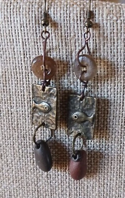 Artisan Bronze Fish, Hag Stones & Old African Glass Sand Beads Earrings! - Image 1 of 4