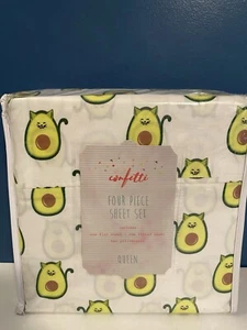 NEW Avocado Kitty Queen Sheet Set By Confetti Quirky&Cute Fitted, Flat, 2 Cases - Picture 1 of 7